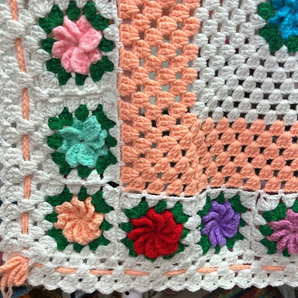 Throw Floral Knitted Hand Made Crafted 46 x43